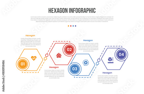 hexagon base shape infographics template diagram with up and down with dotted line connection with 4 point step creative simple flat outline