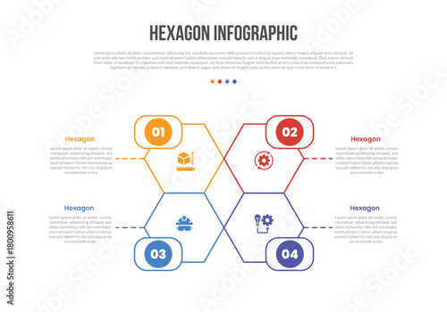 hexagon base shape infographics template diagram with quadrant structure with round rectangle badge and dotted line pointer with 4 point step creative simple flat outline