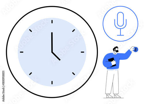 Large analog clock, man holding documents, microphone icon. Ideal for time management, productivity, communication, planning, multitasking organization schedules. Clean flat metaphor