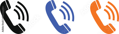 Three vintage telephone handsets in black blue and orange hues