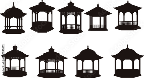 Silhouette set of gazebo designs, architectural pavilion shapes, black vector icons, outdoor pavilion shapes, black vector icons, outdoor structure collection, decorative garden she