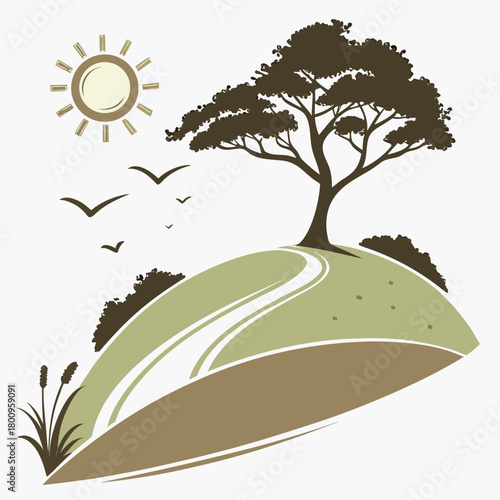 Scenic hilltop landscape with tree, path, sun, and birds isolated on