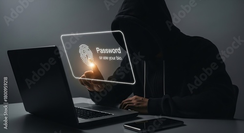 Hacker in a black hoodie using a laptop and a holographic interface displaying a fingerprint and password prompt, symbolizing cybercrime and data breach