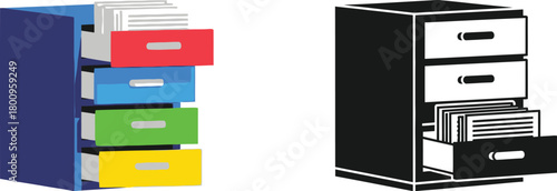 Colorful filing cabinet and a black filing cabinet side by side