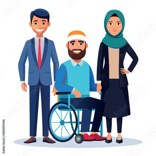 Diverse Business Team: Man in Wheelchair, Businessman, and Muslim Woman in Hijab