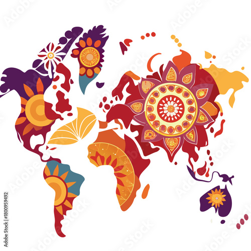 Colorful World Map Decorated with Detailed Ethnic Mandala and Floral Motifs Vector