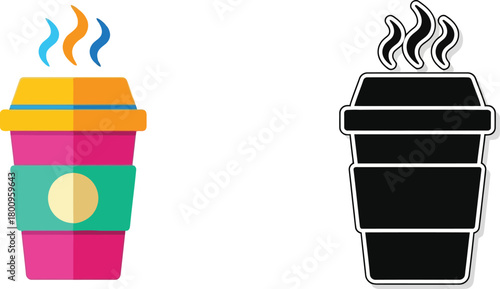 Two coffee cups in different styles one color and one outline