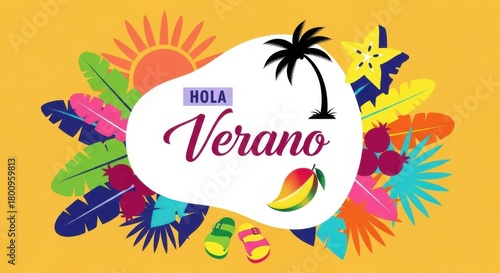 Wallpaper Mural Hola verano text with tropical leaves, sun, palm tree, mango, and flip flops on yellow background Torontodigital.ca