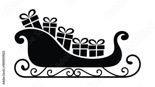 Christmas sleigh silhouette filled with gift boxes and decorative swirls, perfect for festive holiday designs, winter artwork, seasonal decoration and creative christmas themed projects