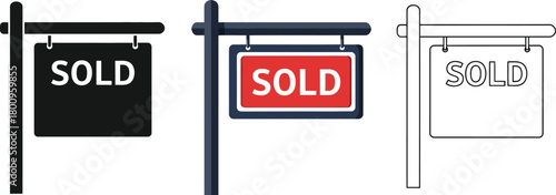 Three variations of sold real estate signs in different color schemes