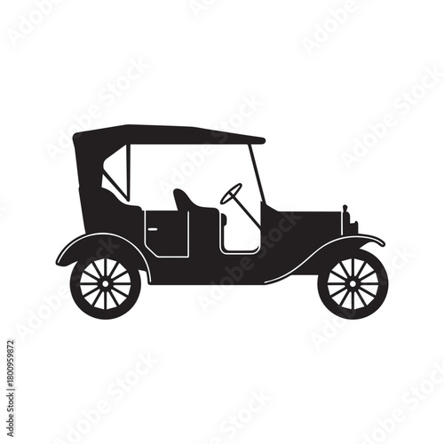 Antique Car Silhouette. Vintage Automobile Vector Icon. Classic Retro Vehicle from the early 20th century. Old Horseless Carriage Graphic.
