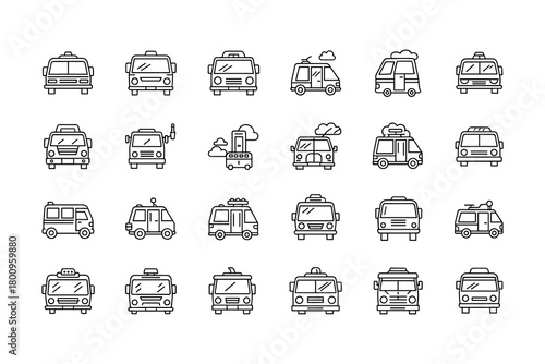Bus and van icon set. Public transport, commercial, and camper van vector symbols