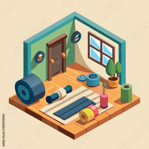 Isometric Home Gym Fitness Room Vector Illustration: Workout Equipment, Yoga Mat, Dumbbells, and Wellness Tools