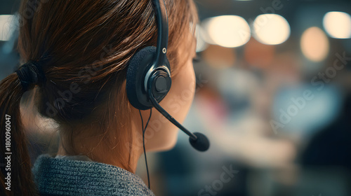 A customer service representative wearing a headset talks to a client against a blurred office background. Illustration of a customer service background.