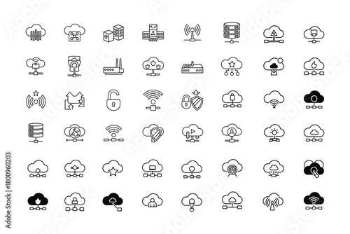 Cloud computing and networking icon set. Data storage, server, security, and wireless vector symbols
