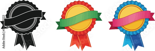 Three colorful award ribbons with decorative details and flowing tails displayed