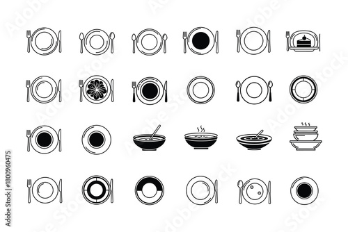 Plate, bowl, and dishware icon set. Dining, food, and restaurant utensil vector symbols