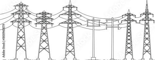 High voltage electrical transmission towers and utility poles interconnected by power lines showing energy grid infrastructure engineering design, cad drawing flat vector illustration