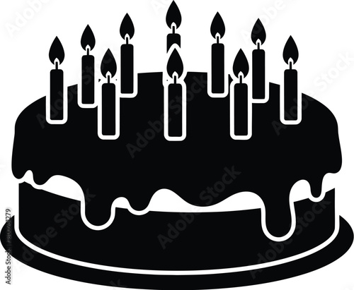A simple black and white illustration of a birthday cake with lit candles