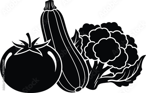 A black and white illustration of a tomato zucchini and cauliflower