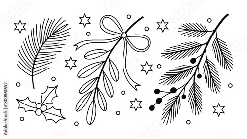 Christmas botanical line art illustration with pine branches, holly leaves, berries, stars and festive foliage elements, perfect for holiday designs, winter artwork and seasonal decoration