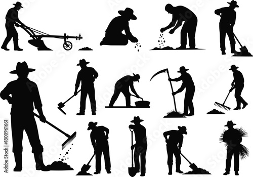 Silhouette farmers working in agricultural field with tools, planting seeds, harvesting crops, rural farming labor, farm worker vector illustration