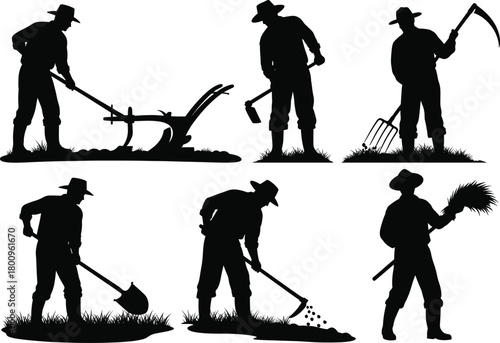 Silhouette farmers working in agricultural field with traditional farming tools, plowing, digging, harvesting crops, rural countryside labor vector illustration
