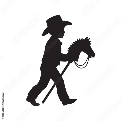 Silhouette of a little boy in a cowboy hat playing with a hobby horse. Child riding a stick horse vector icon, isolated on white background. Symbol of childhood, imagination, and play.
