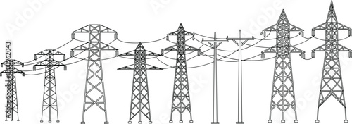 High voltage power transmission towers with electric utility lines and detailed energy grid structures for industrial engineering projects, cad drawing flat vector illustration