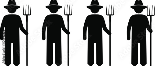Silhouette illustration of four farmers holding pitchforks wearing hats, standing in a row, agriculture workers symbol, vector farming icon design, black background