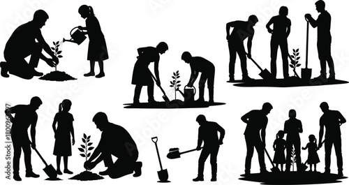 Silhouette illustration of people and children planting trees together, eco concept of teamwork, environment protection, nature conservation, green lifestyle, sustainability, and gardening care