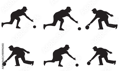 Silhouettes of people playing lawn bowls in various action poses