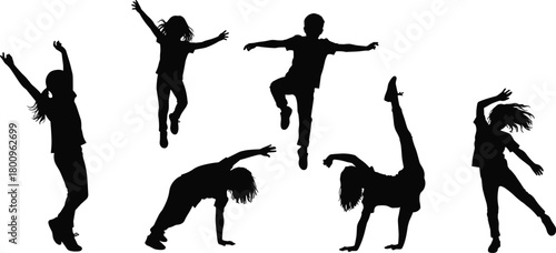 Silhouette of active children jumping, dancing, and playing, joyful kids performing energetic movements, fitness, fun, happiness, and freedom vector illustration design