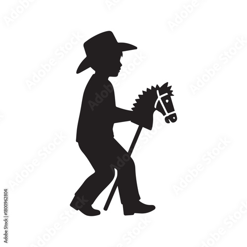 Silhouette of a little boy in a cowboy hat playing with a hobby horse. Child riding a stick horse vector icon, isolated on white background. Symbol of childhood, imagination, and play.
