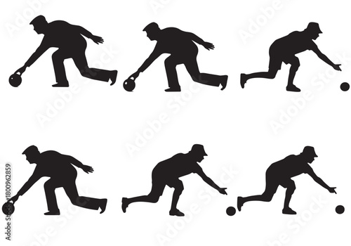 Silhouettes of people playing lawn bowls in sequence