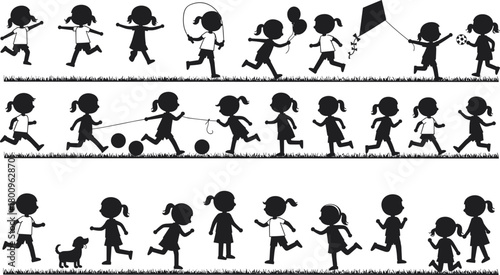 WebSilhouette of active children playing outdoors, running, skipping rope, flying kite, walking dog and holding balloons, happy kids vector illustration design