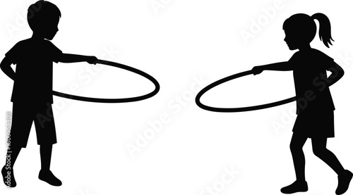 Silhouette of boy and girl playing with hula hoops, active children enjoying outdoor fun activity, healthy exercise and childhood happiness vector illustration.