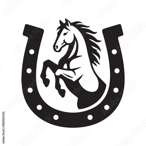 Rearing Horse in Horseshoe Logo. Equestrian Stallion Silhouette Vector Icon. Symbol of luck, power, and western culture. Farm, ranch, or stable emblem isolated on white background.
