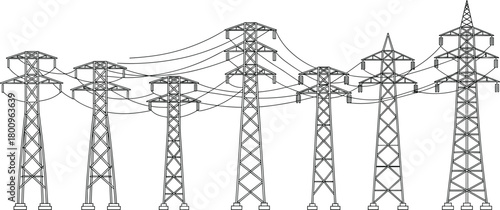 High voltage power transmission towers with electrical lines, detailed industrial energy infrastructure design for engineering and utility projects, cad drawing flat vector illustration