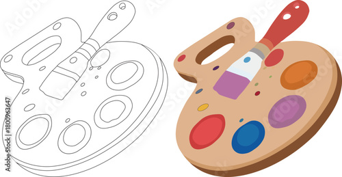 Artist s wooden paint palette with brush and colors