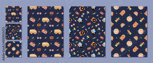 Groovy retro music seamless pattern set with colorful cassette, record, disco, and radio elements. Funky y2k style patterns as seamless background for fun, vintage projects or modern creative