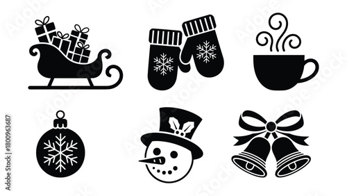 Christmas silhouette icon set featuring sleigh with gifts, winter gloves, hot drink mug, ornament, snowman and festive bells, perfect for holiday designs, seasonal artwork and decoration