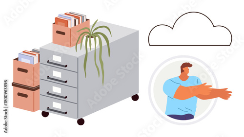 Filing cabinet with folders, potted plant, user figure communicating, and blank cloud. Ideal for organization, storage, workflow management, digital backup, cloud technology teamwork simple flat
