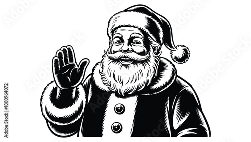Santa claus vintage illustration waving with a cheerful smile in a classic festive engraving style, perfect for christmas designs, holiday artwork, winter themes and seasonal decoration
