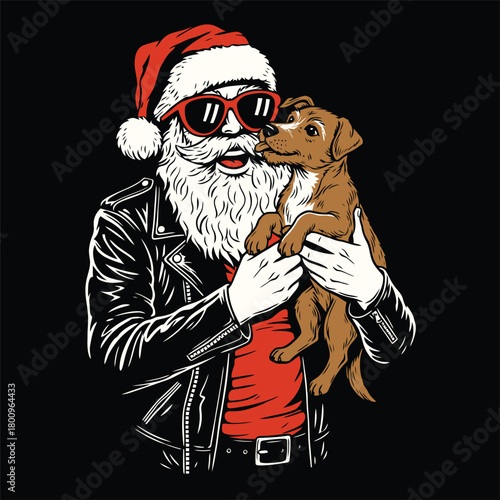 Badass Santa Claus Holding Puppy Dog Vector Illustration