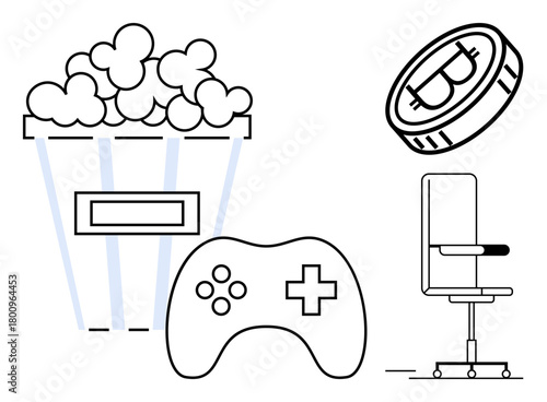 Gaming controller and popcorn symbolizing fun, with a gaming chair and coin suggesting comfort and value. Ideal for gaming, streaming, relaxation, youth activities, rewards, hobbies