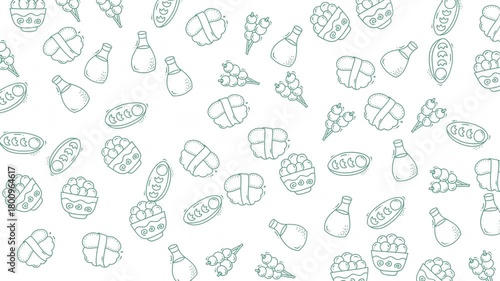 Allover pattern of different types of japanese food. Ideal for food blogs, restaurant menus, home decor, or food packaging design.