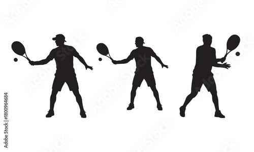 Silhouette of three men playing tennis with rackets and balls