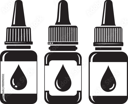 Three dropper bottles with liquid drop silhouette