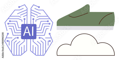 AI digital brain, abstract green shoe, and cloud outline represent artificial intelligence, sustainability, and cloud computing. Ideal for eco-tech, innovation, AI, data storage machine learning